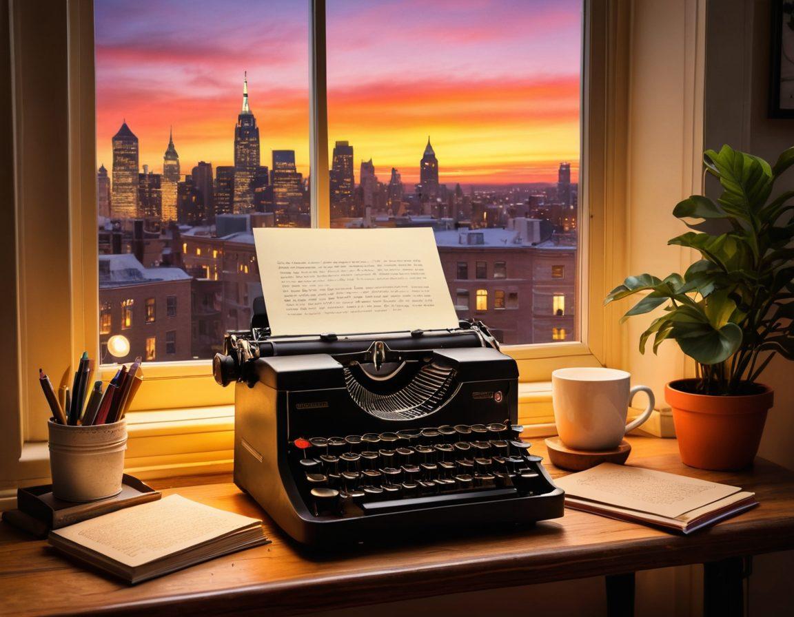 A cozy writing nook featuring a vintage typewriter and a glowing laptop, surrounded by books on TV and culture, with a steaming cup of coffee beside it. Soft lighting creates a warm atmosphere, while colorful sticky notes with ideas float around. In the background, a window displays a vibrant city skyline at sunset, symbolizing leisure and creativity. super-realistic. vibrant colors. warm lighting.